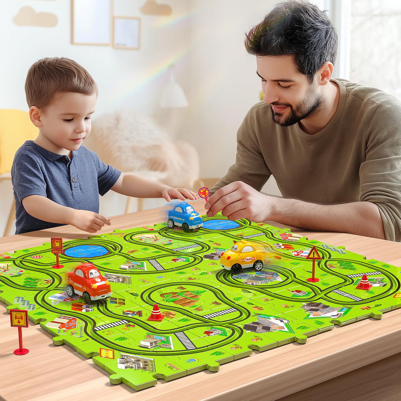 Juego de 64 piezas de coches de carreras de rompecabezas para niños de 3, 4, 5, 6 años, pistas de rompecabezas para niños de 3 a 5 años con 3 autos de juguete deslizantes, temáticos de ciudad 9