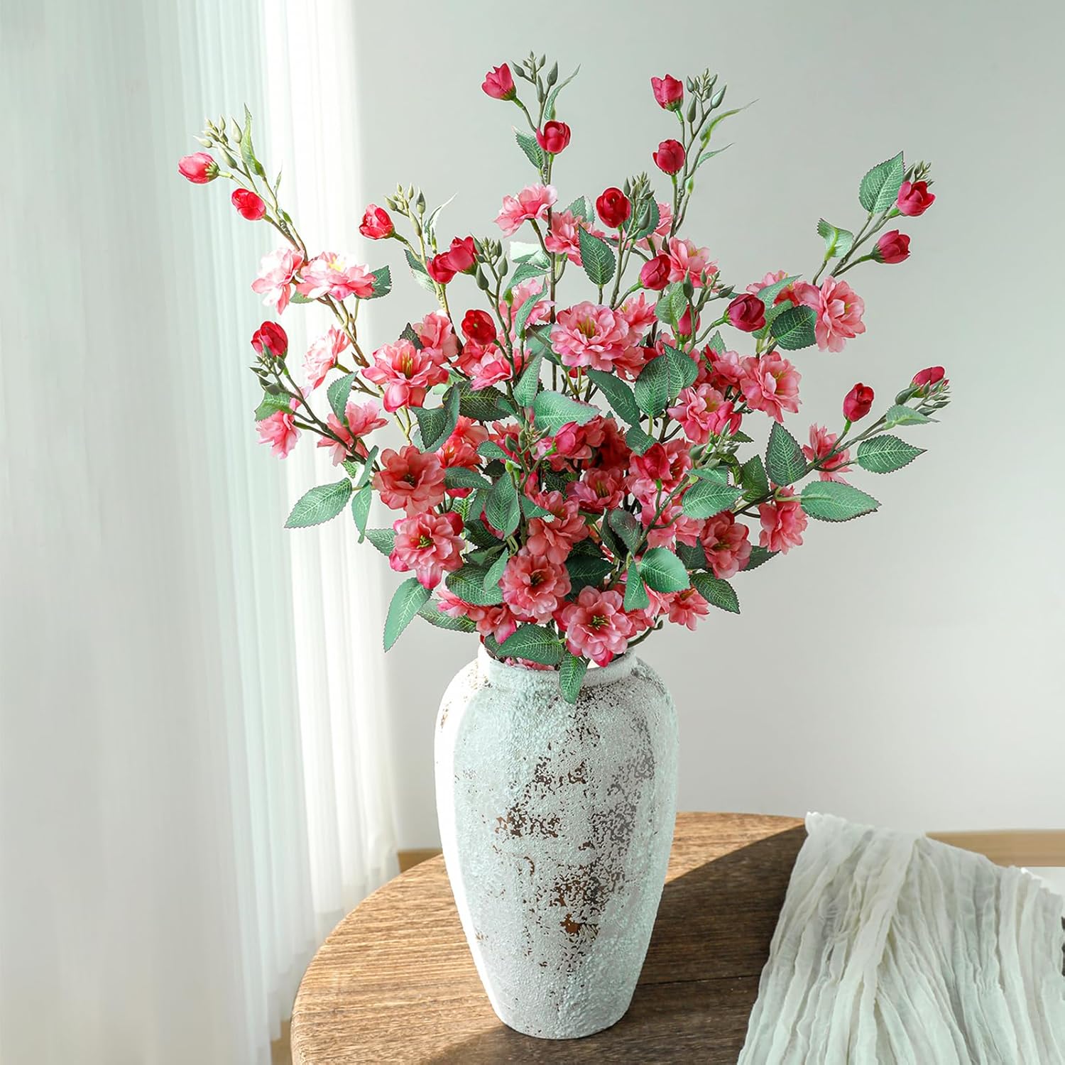 Artificial Cherry Blossom Branches 6Pcs 28.3" Faux Silk Cherry Blossom, Fake Flowers with Leaves Bouquet Decorations for Home Living Room Bedroom Table Centerpiece Vase Wedding Decor (Pink C)