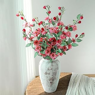 Artificial Cherry Blossom Branches 6Pcs 28.3" Faux Silk Cherry Blossom, Fake Flowers with Leaves Bouquet Decorations for Home Living Room Bedroom Table Centerpiece Vase Wedding Decor (Pink C)