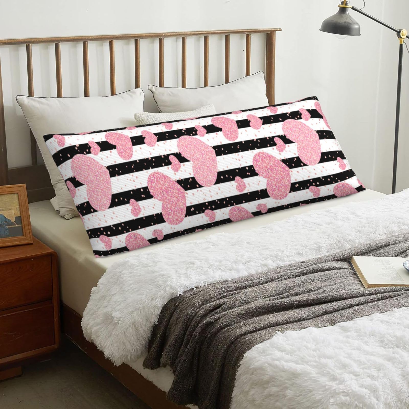 Romantic Heart Rose Gold Sequin Stripe, Body Pillow Cover with Zipper,Long Body Pillowcase 20 x 60 in