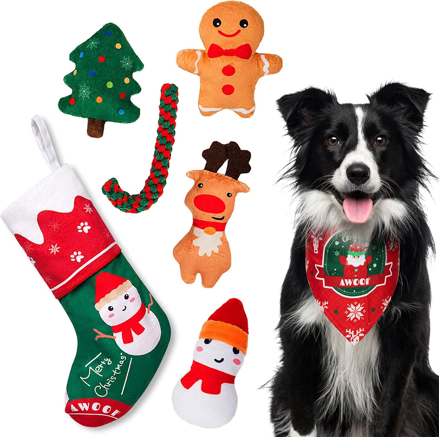 AWOOF Dog Christmas Toys, Christmas Stocking Dog Toy Gift Set 7Pcs Plush Chew Squeaky Dog Toys Dog Rope Toys with Christmas Bandana