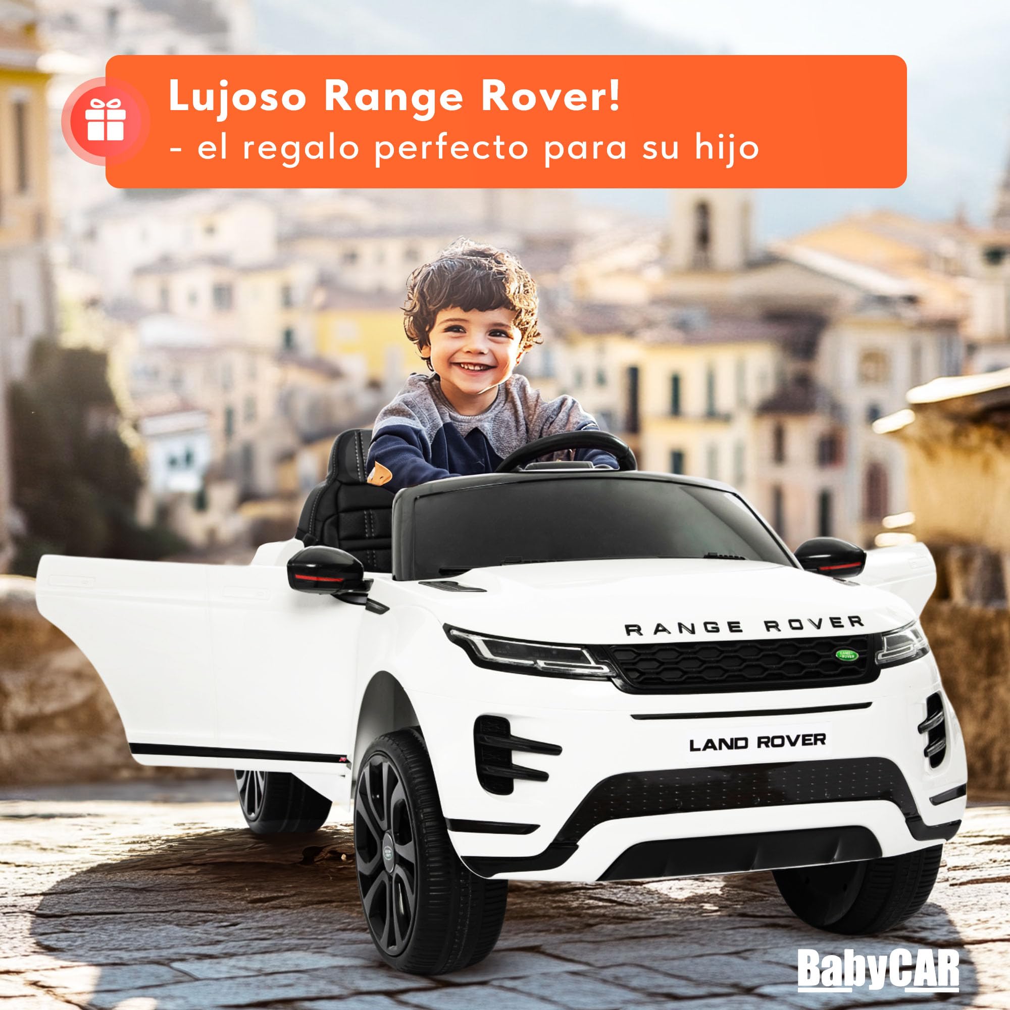 BabyCar Range Rover | Coche electrico para niños 12V con 2 Motores 35W | Coche Bateria con Mando Niño, Asiento de Piel, Puertas abatibles, MP4/USB | Licencia Oficial | Blanco