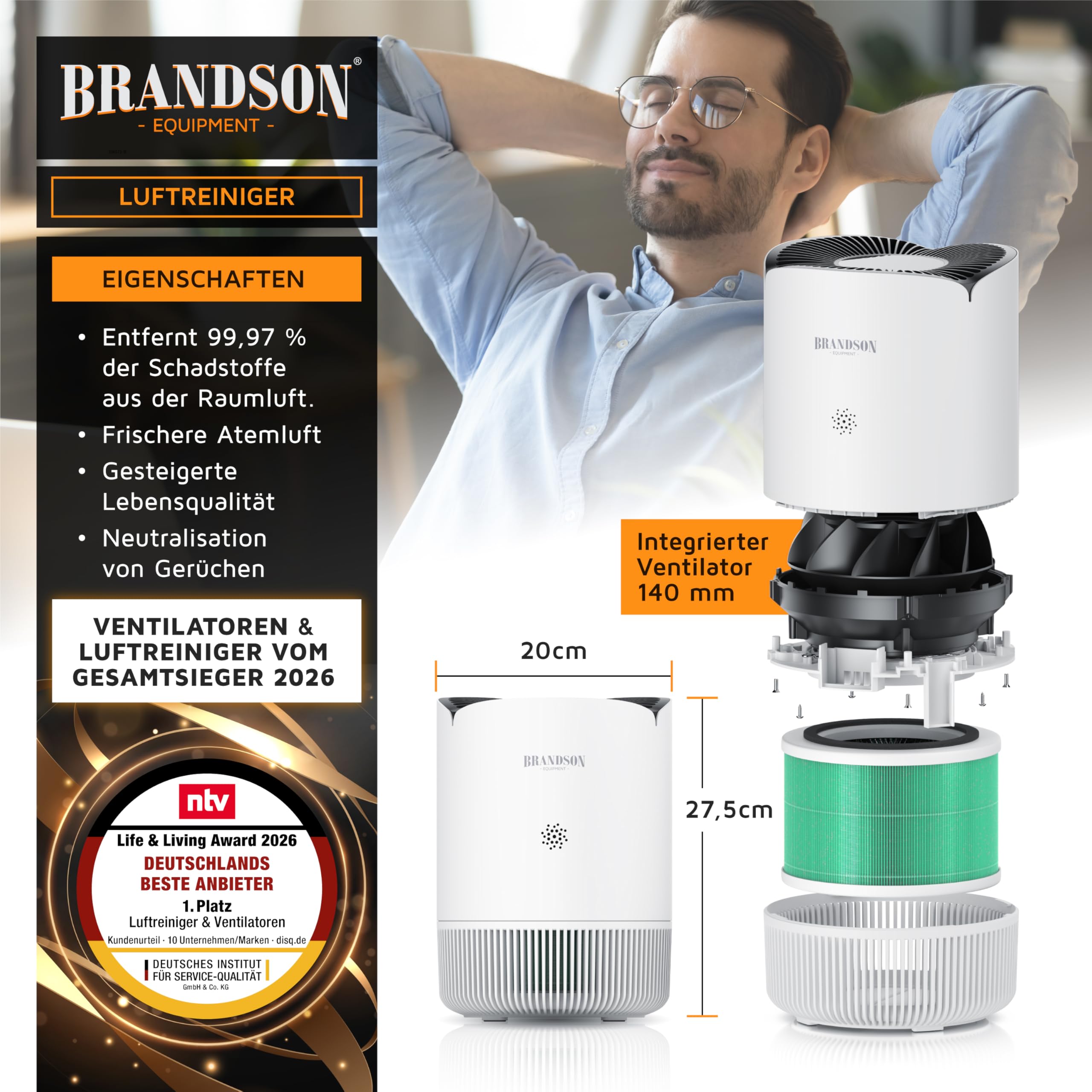 Brandson - Luftreiniger Allergiker WLAN - CADR 158 m³/h 50 m² - Air Purifier - Preisträger 2025 - Smart Home mit App - 4 Filter HEPA Aktivkohle – Tierhaare Pollen Staub Schimmel Viren Raucherzimmer