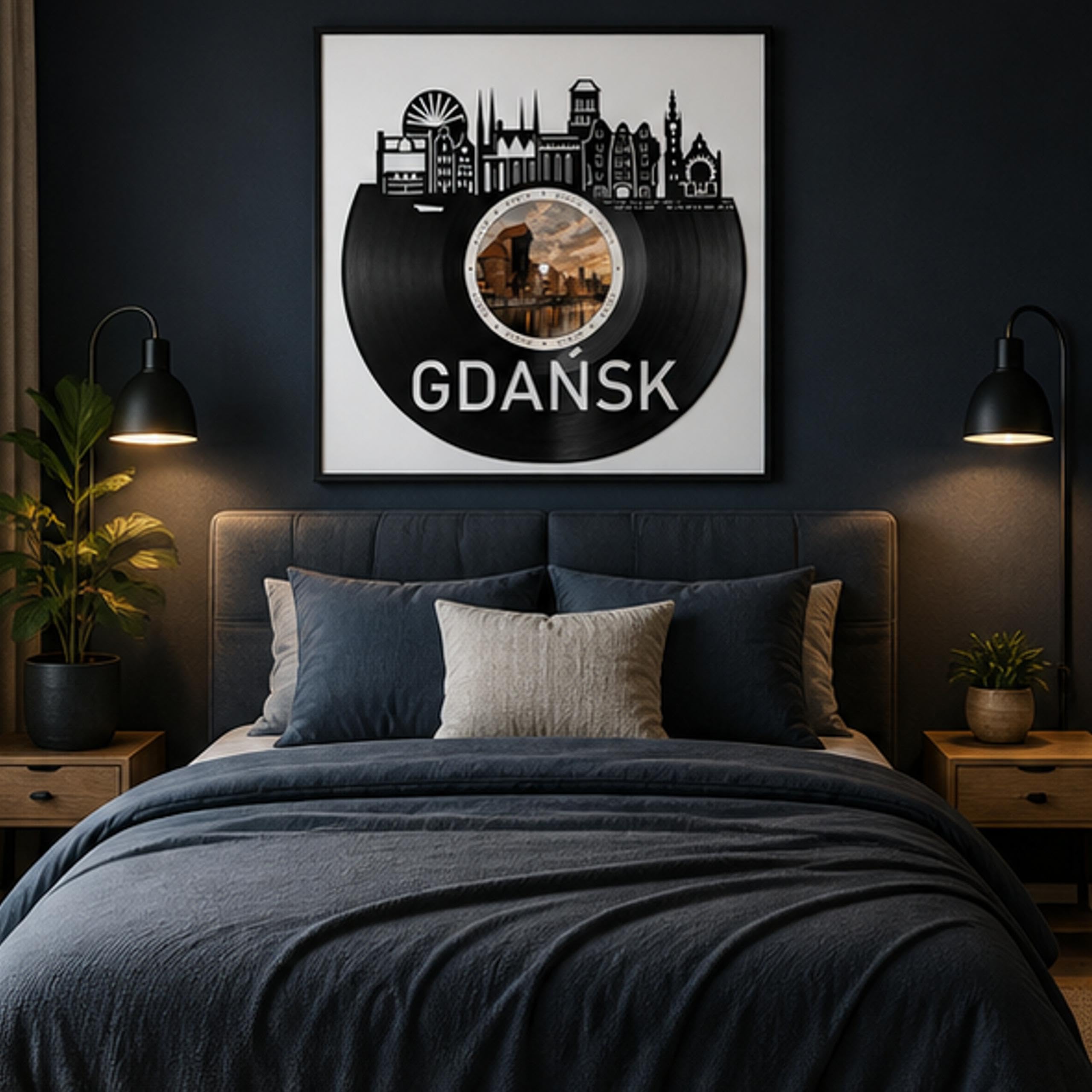 EVEVO Dekoracja ścienna z płyty gramofonowej w ramie 32 x 32 cm Gdańsk - winylowa sztuka ścienna Polska, prezent dla fanów Gdańska, miłośników historii