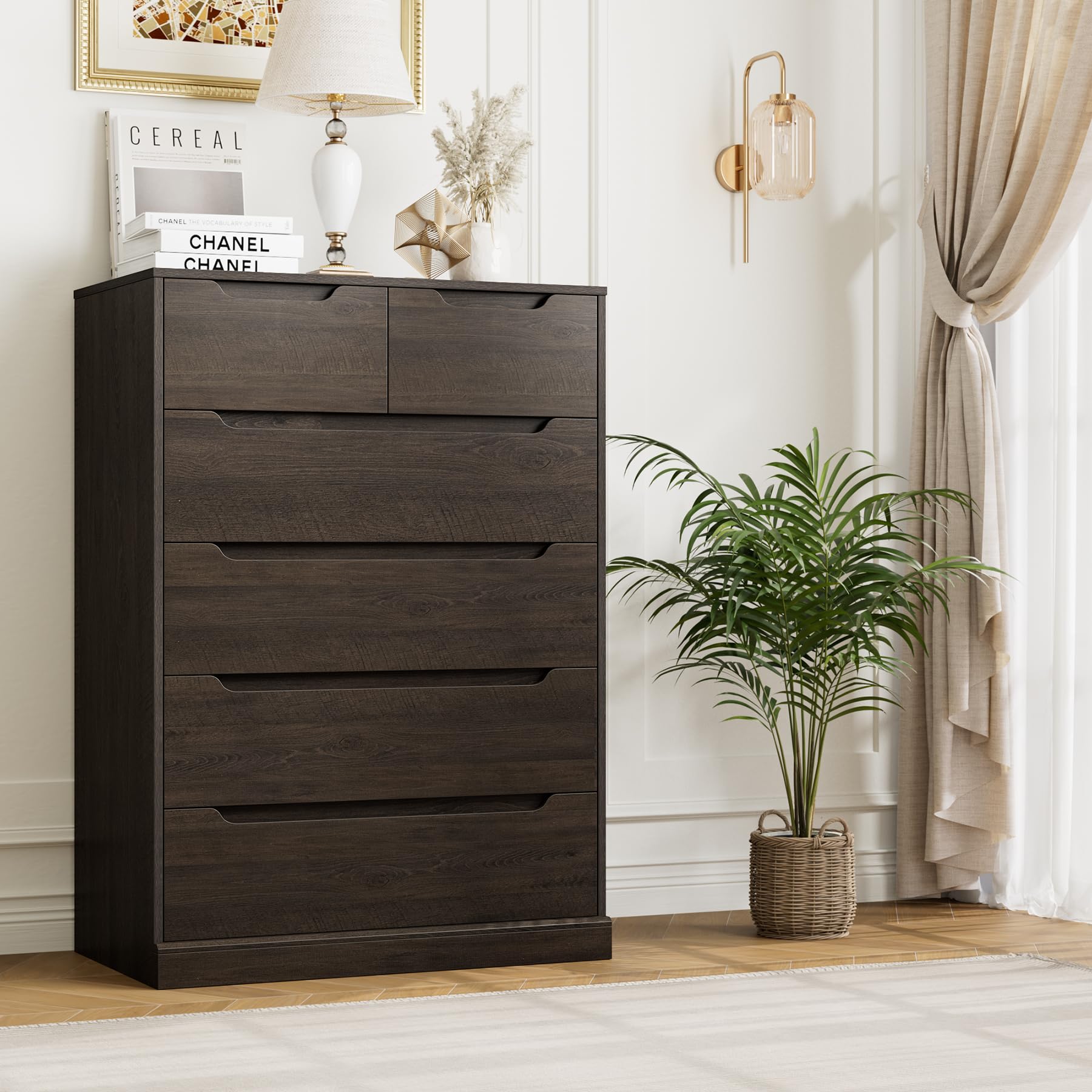 HOSTACK Modern 6 Drawer Dresser for Bedroom, Tall Chest of Drawers with Storage, Large Wood Storage Chest Organizer with Cut-Out Handle, Accent Storage Cabinet for Living Room, Hallway, Dark Brown