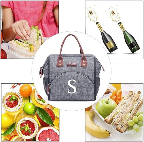 Miniatura 8 de Lonchera con inicial para mujeres y mujeres, reutilizable, aislada, para adultos, bolsa de almuerzo de apertura amplia, bolsa enfriadora congelable