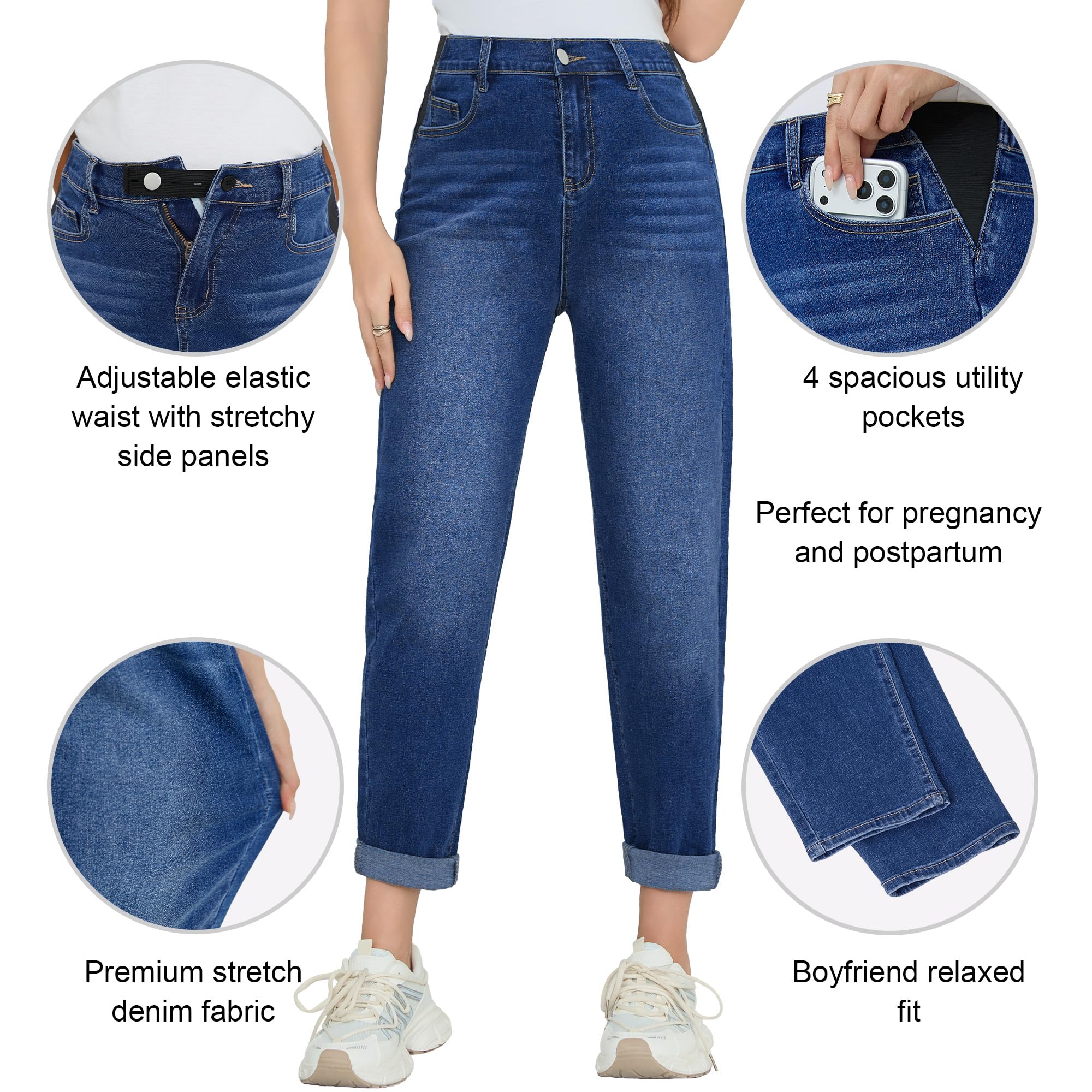 POSHGLAM Damen Umstands-Boyfriend-Jeans, Seitenteil, dehnbar, lässig, Denim-Hose mit 4 Taschen