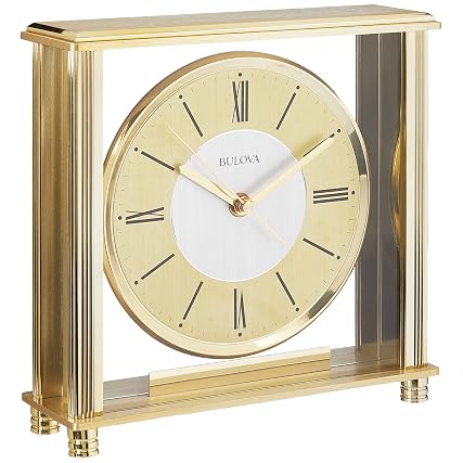 Bulova B 1700 Grand Prix Table Clock | Brass Metal Finish | Glass Enclosure with Two Tone Metal