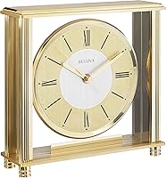 Bulova B1700 Grand Prix Table Clock: Antique Brass Finish, Quiet Sweep Movement, Two-Tone Dial for Offices & Collectors