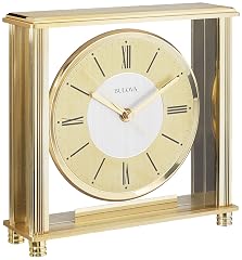 Bulova B 1700 Grand Prix Table Clock | Brass Metal Finish | Glass Enclosure with Two Tone Metal