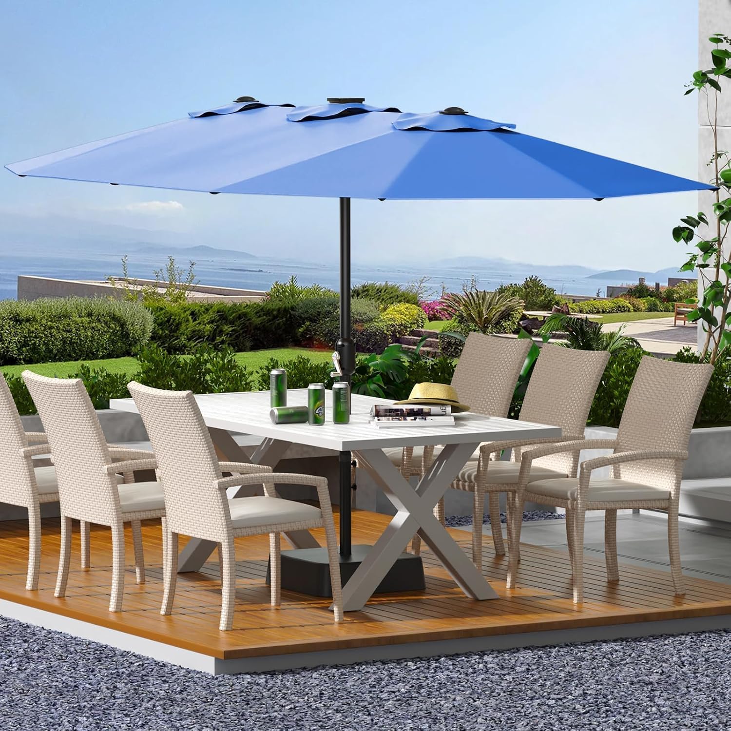 15FT Large Patio Umbrella with Base Included, Outdoor Double-Sided Rectangle Market Umbrella with Crank Handle for Pool, Lawn, Garden, Backyard, Navy Blue