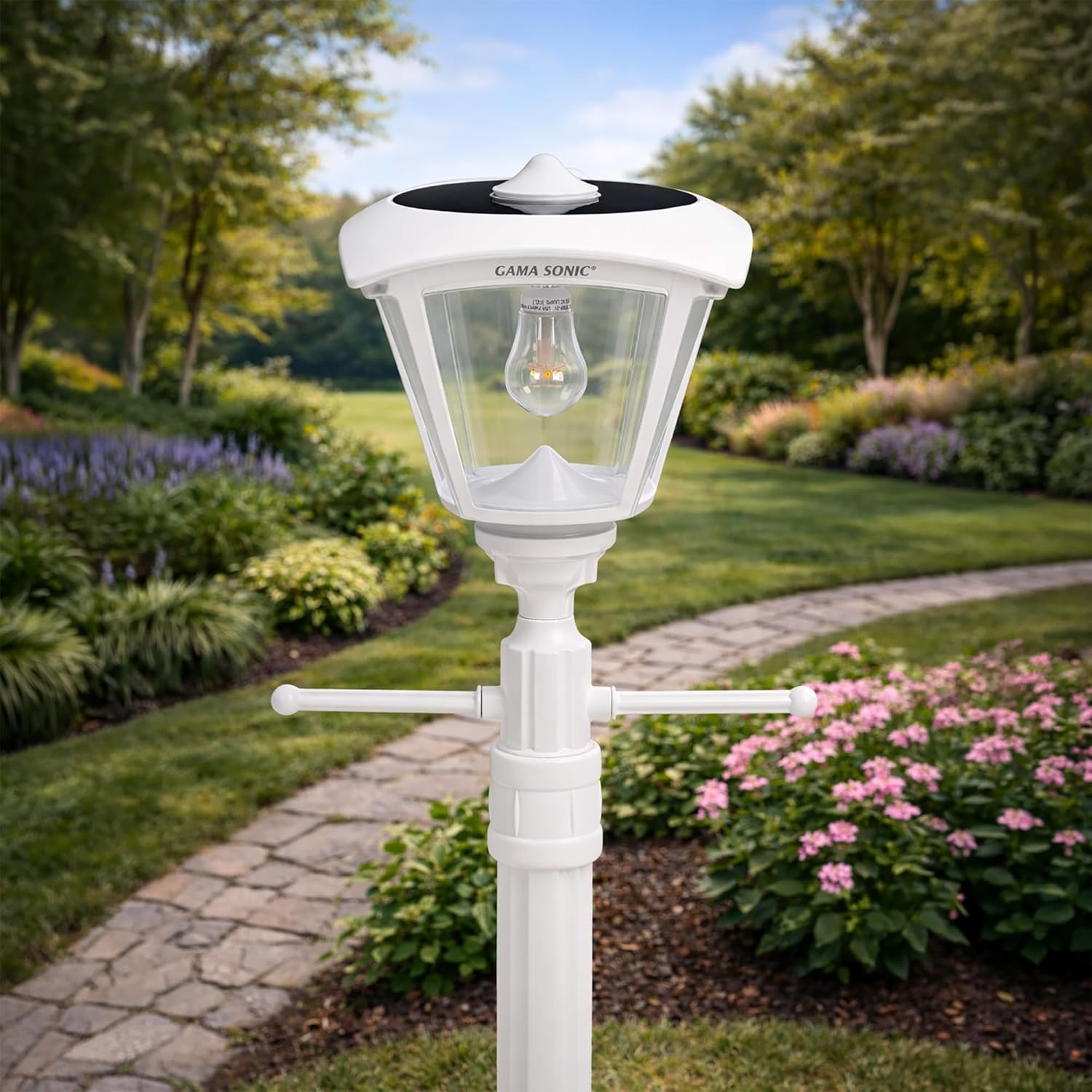 Gama Sonic Haven Solar Lamp Post Kit 74-inch Height, Outdoor Single White Resin and Clean Lens Post Lamp with Pole and EZ Anchor In-Ground Auger, Warm White 2700K (205B50271)