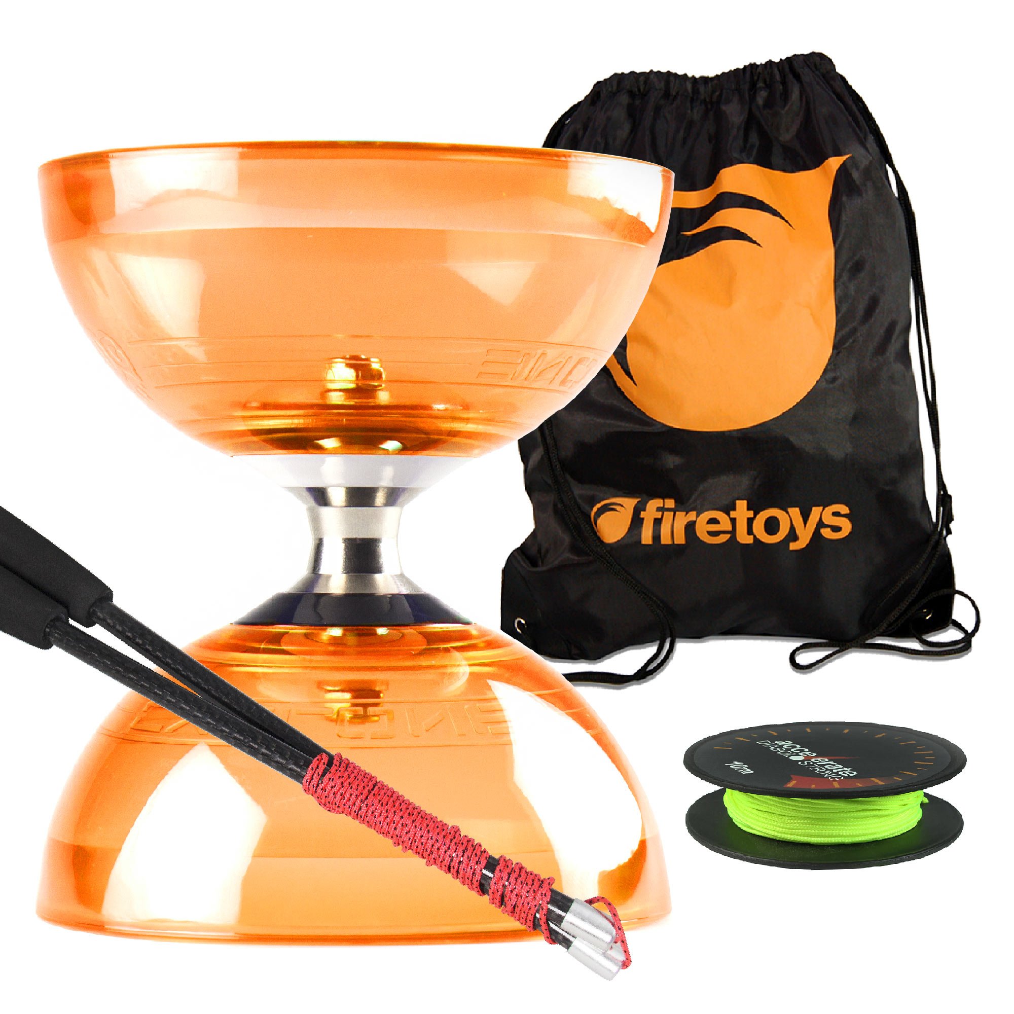Orange Cyclone Quartz 2 Diabolo w/ Carbon Fibre Diablo Sticks, Accelerate Diabolo String Set & Firetoys® Bag