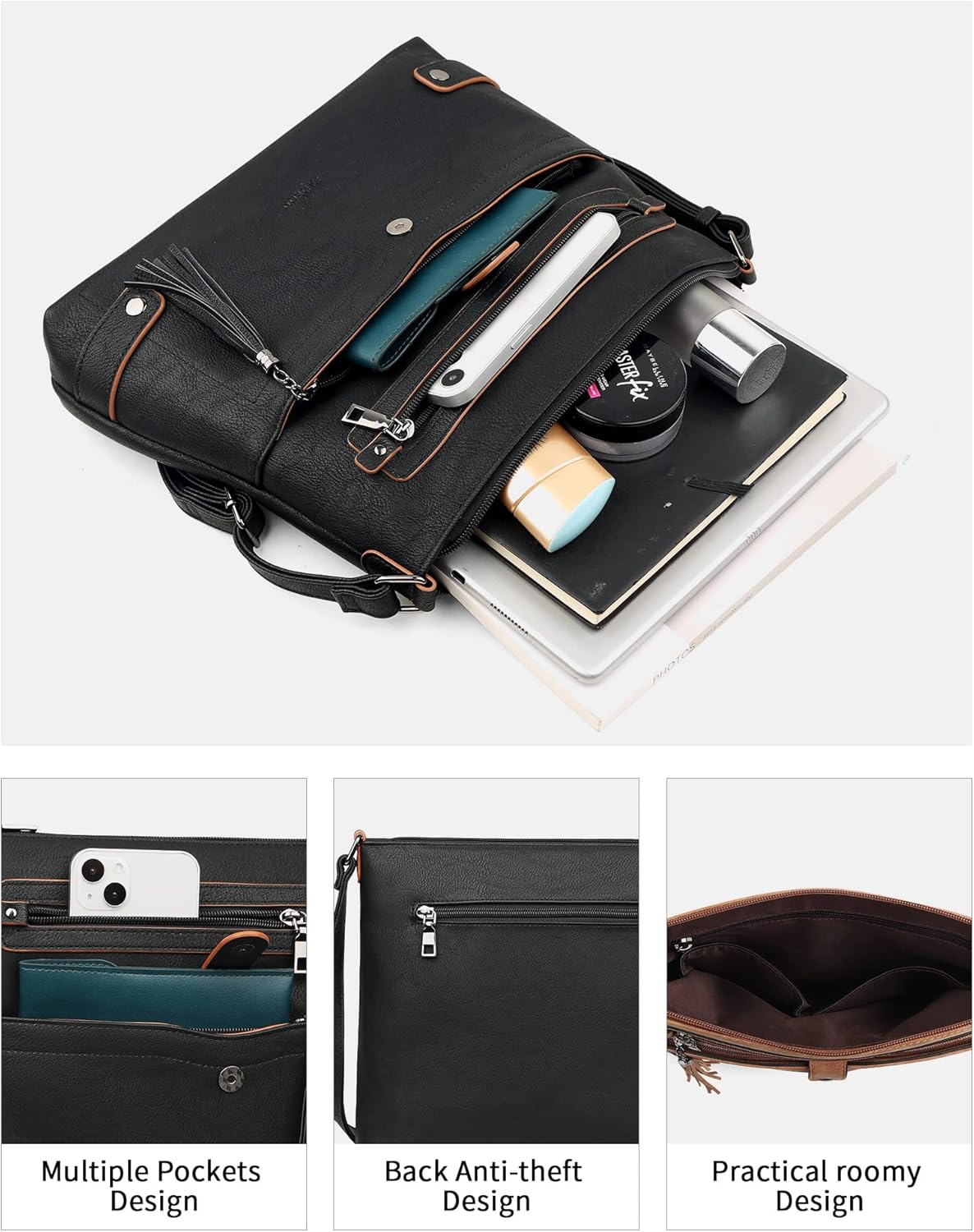 FADEON Large Crossbody Purses for Women Crossbody Bag, Designer Leather Cross Body Purses Multi Pocket Shoulder Bag - Image 4