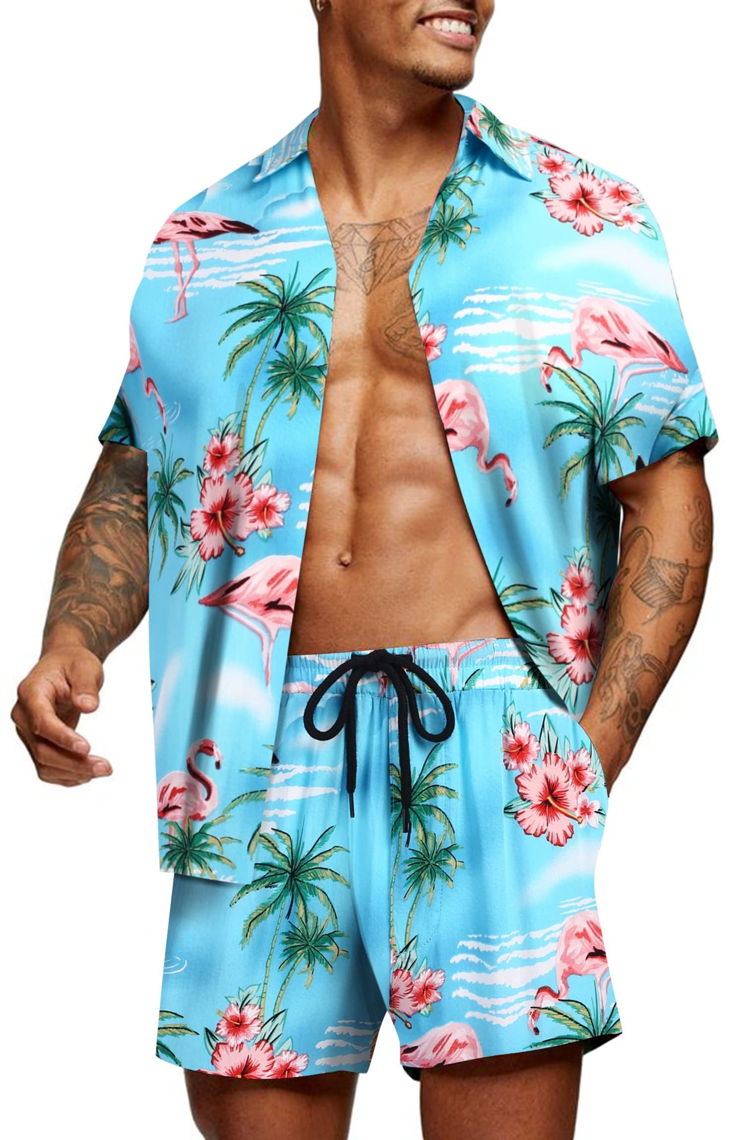 COOFANDY Herren Hemd Kurzarm Sommerhemd Floral Hawaiihemd Flamingo Party Hemden und Shorts Set Strand Outfit Urlaub