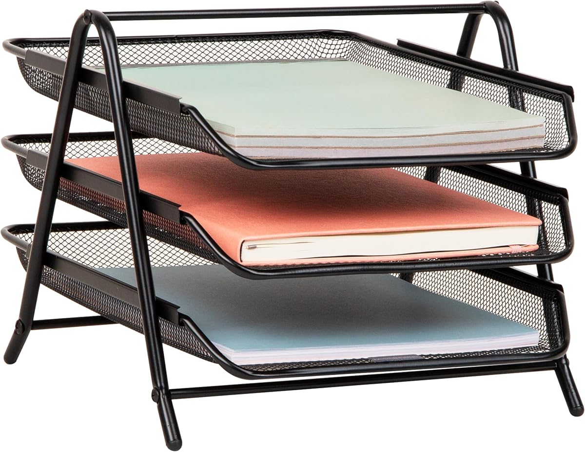 3-Tier Paper Tray, Desktop Organizer, File Storage, Workspace, Office, Metal Mesh, 11.75"L x 13.75"W x 10"H, Black
