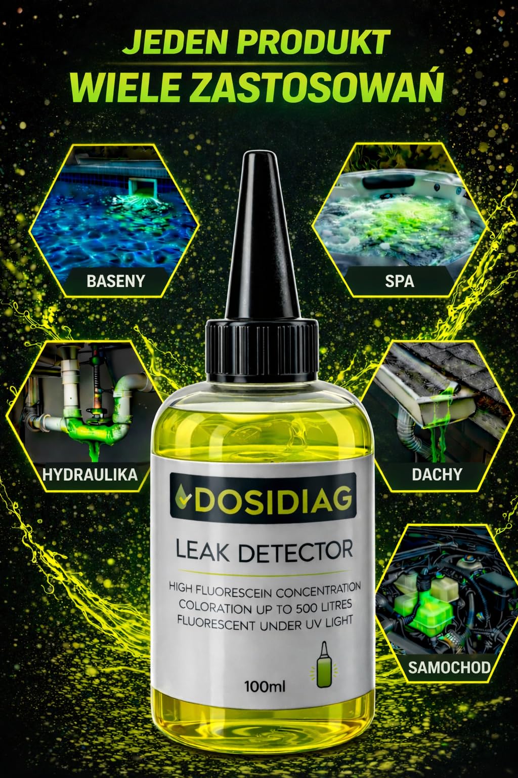 Detektor wycieku DOSIDIAG | Uniwersalny wykrywacz wycieków: basen, spa, instalacja sanitarna, dach, samochód | wysoka koncentracja fluoresceiny | barwnik do lokalizacji wycieków