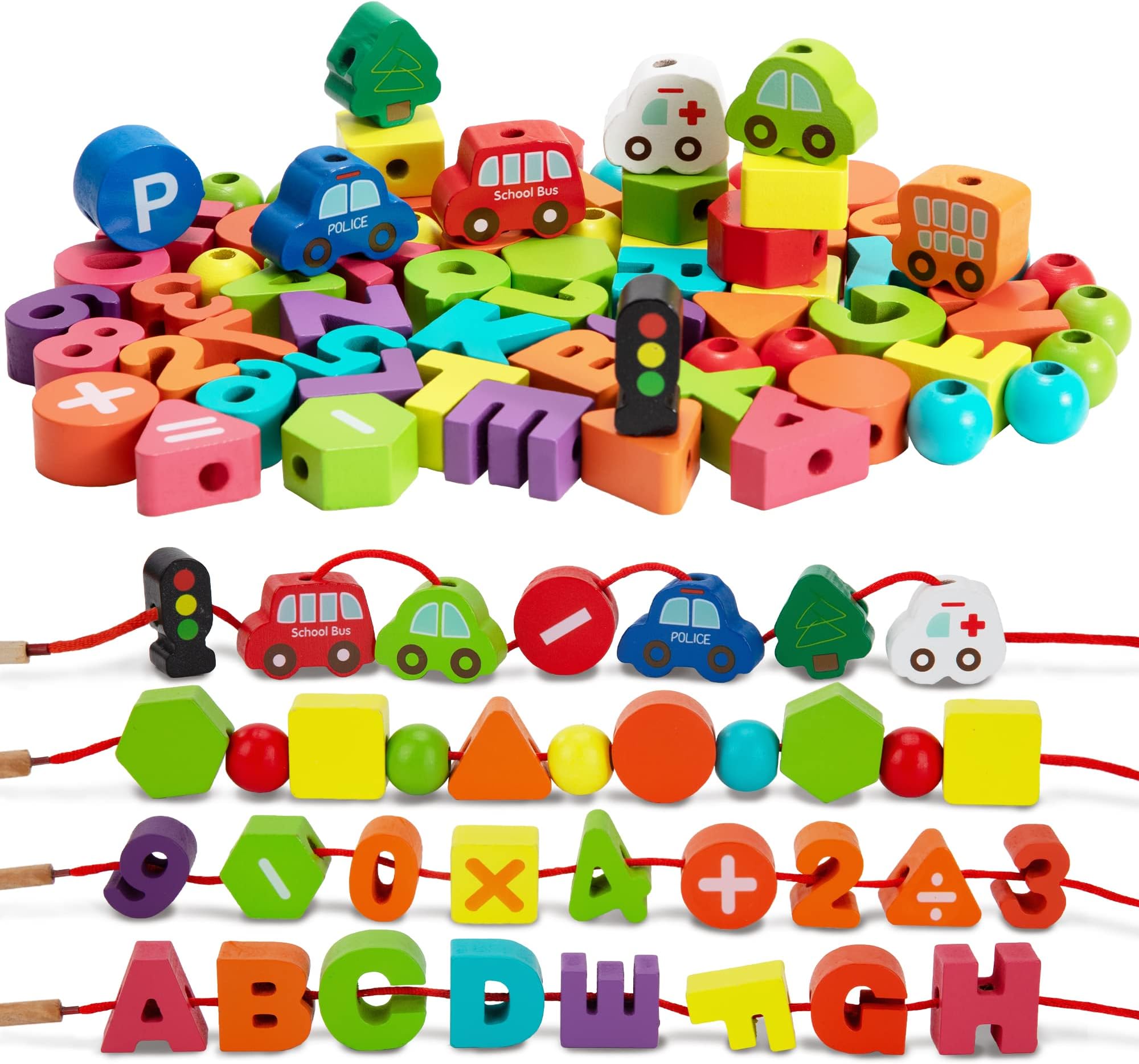 Wooden Lacing Beads, Montessori Threading Toys for Toddlers, Alphabet Number Stringing Beads Preschool Educational Learning Toys for Kids 2 3 4 5 6 Year Old Boys Girls