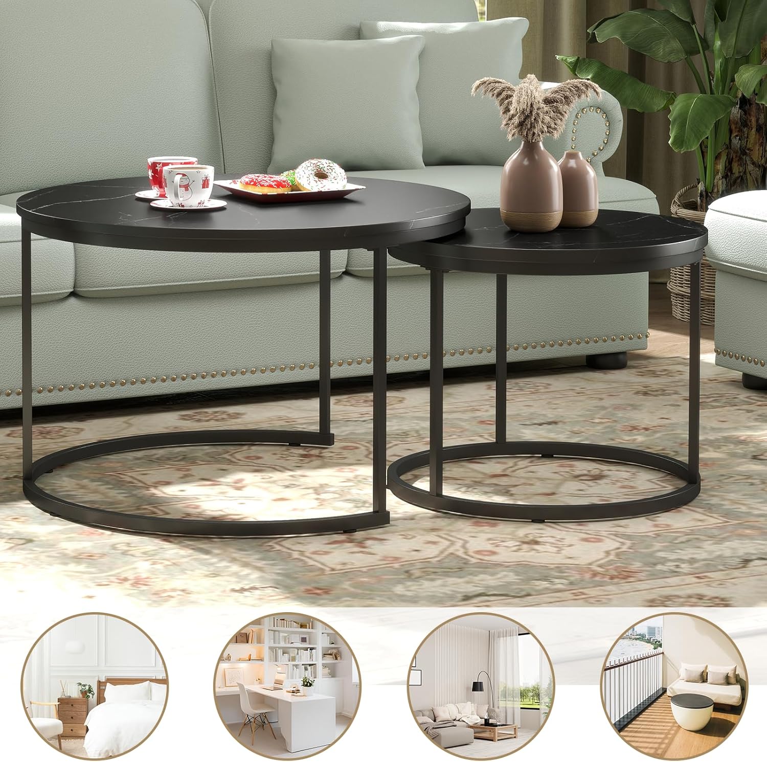 Small Coffee Table Round, Wood Nesting Coffee Table Set 27.6” with Marble Pattern Circle Table for Living Room, Bedroom, Patio, Yard (Black)