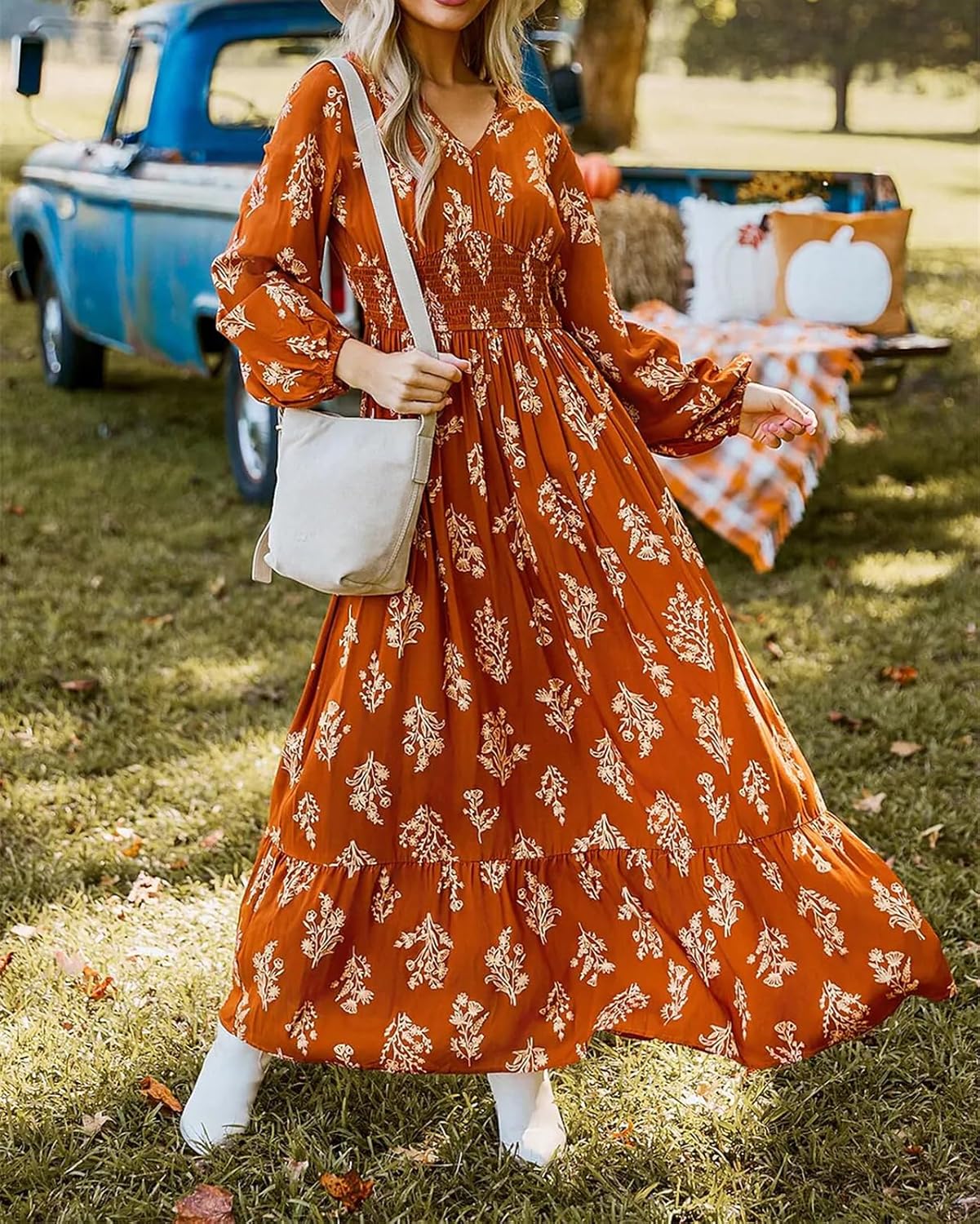 Women's Boho Floral Printed Lantern Sleeves Maxi Dresses Pleated Elastic Waist V Neck Casual Fall Dress - Image 3