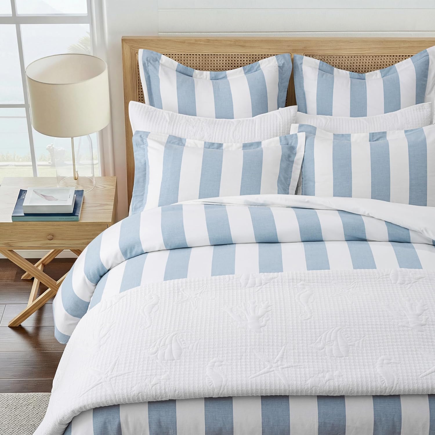 Levtex Home – Cabana Woven Stripe Euro Pillow Sham Set of 2 – 26x26in – Coastal - Blue and White Stripe – Cotton – Tie Closure