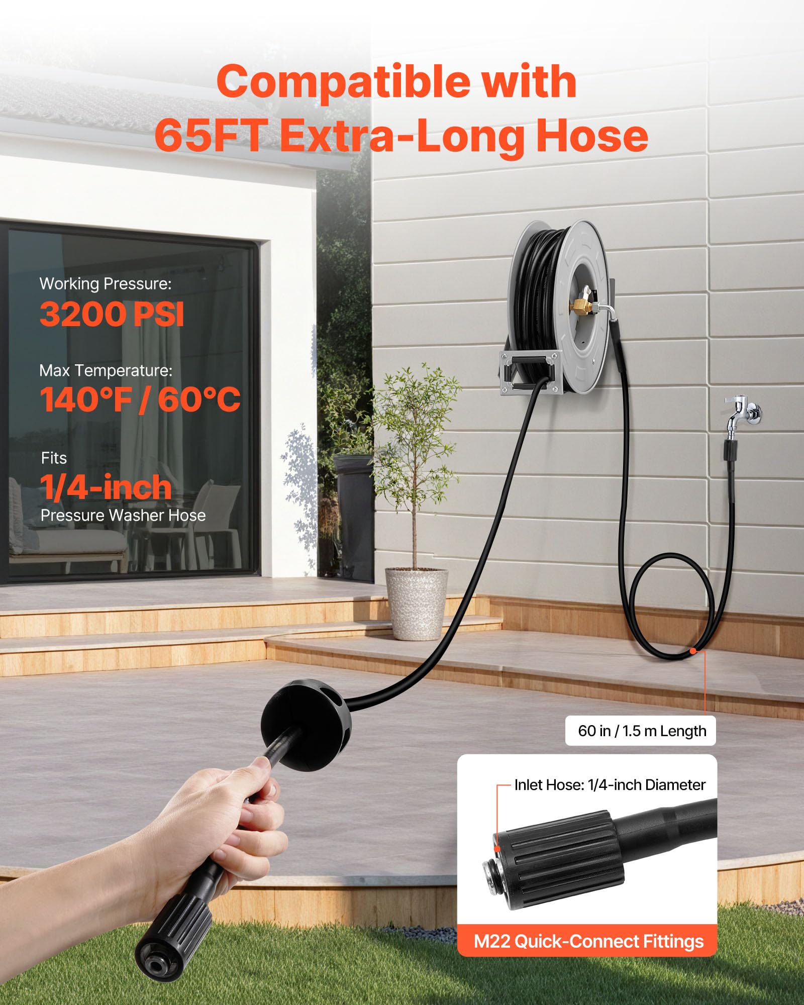VEVOR Carrete de Manguera para Hidrolavadora 19,8 m x 6,4 mm, Retráctil de Acero, para Pared y Suelo, Presión de 220,6 bar, Rebobinado Automático para Lavado de Coches, Suelos y Jardines, Negro