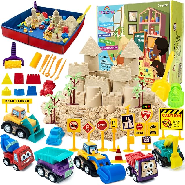 CROSOFMI Construction Moving Sand Kit 2lbs Sand with 6 Construction Vehicles 10 Road Signs and an Foldable Sandbox and Cool Sand Moulds and Sand Tools Toys for Boys Girls 3 4 5 6 7+ Year Old