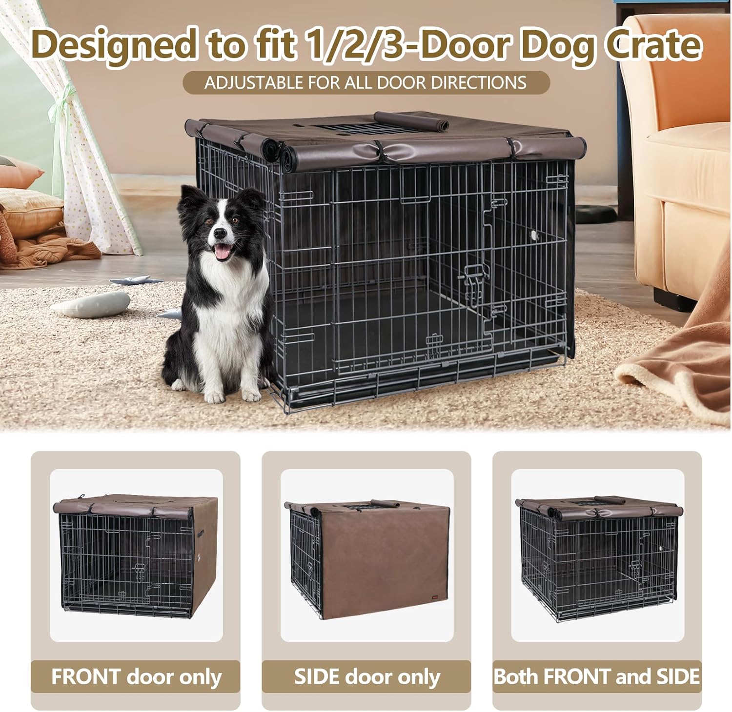 Dog Crate Cover 48 Inch- Three Doors Waterproof Dog Kennel Cover, 600D Oxford Fabric Cage Covers with a Water Bottle Nozzle, Allowing Dogs to Drink Water at Any Time. Brown (Cover Only)