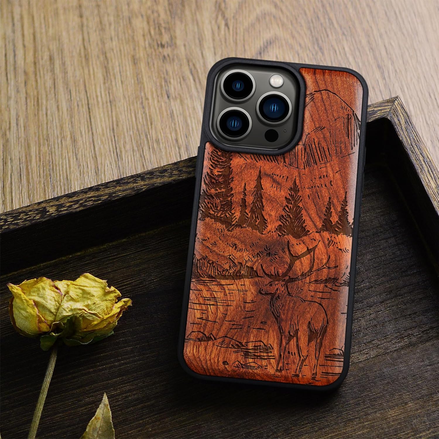 Carveit Magnetic Wooden Case for iPhone 15 Pro Case, Compatible with MagSafe Wireless Chargers, Black Soft TPU Shockproof Cover & Wood Artisan Engraved (Mountains and Deer) - Rosy