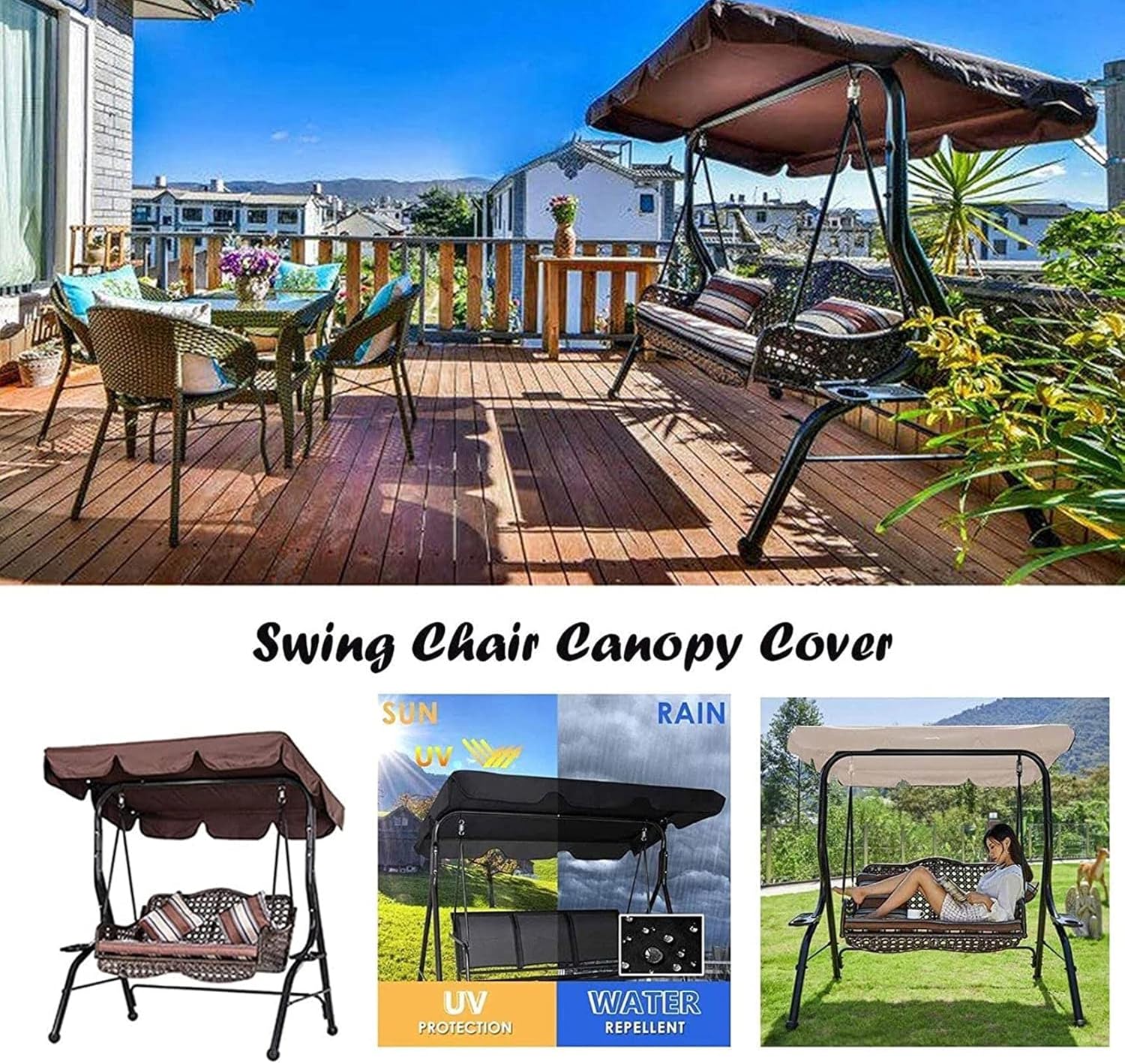 Replacement Canopy for Swing Seat, Swing Canopy Cover 3 Seater, Patio Hammock Cover, Outdoor UV Proof Waterproof Swing Seat Cover - Cover Only