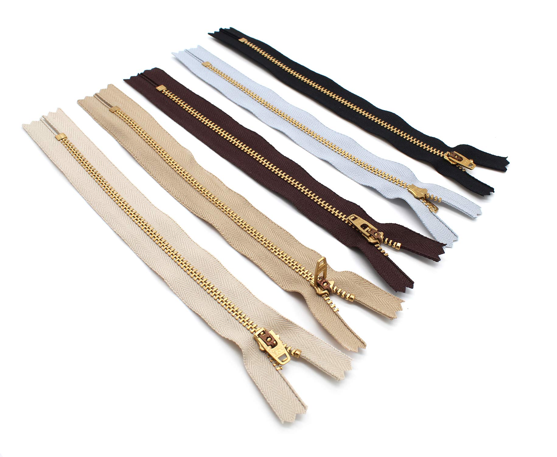 YKK Sale 7" Brass Pants Zipper YKK#4.5 Assortment Color Black, Brown, Lite Beige, Beige, Lite Grey (5 Zippers/Pack)