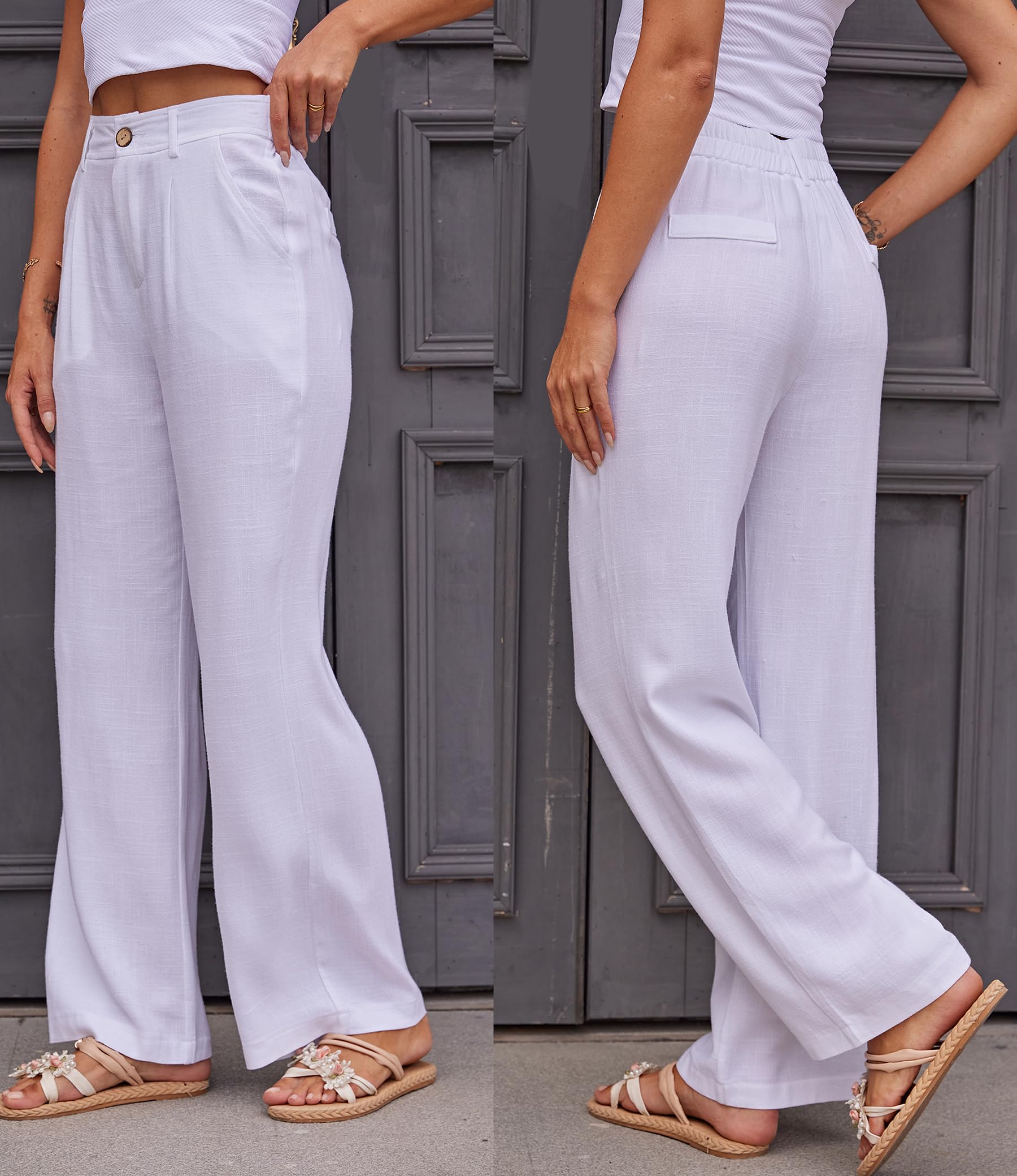 Fakanhui Pantalones de lino para mujer, estilo casual, de verano, negocios, rectos, pierna ancha, de algodón y lino