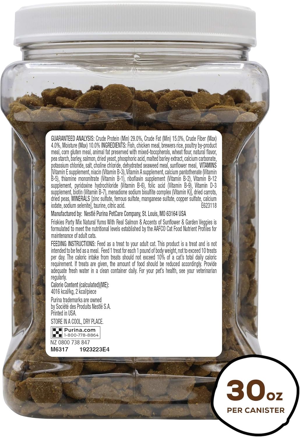 Purina Friskies Natural Cat Treats, Party Mix Natural Yums With Real Salmon and Vitamins, Minerals & Nutrients - 30 oz. Canister