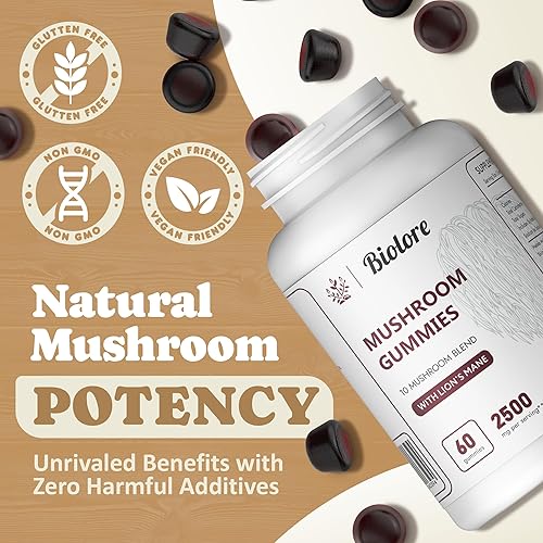 Miniatura 5 de Biolore Gomitas complejas de hongos 10 potentes hongos con chaga, melena de león, reishi, cordyceps - refuerzo cerebral, apoyo inmunológico.