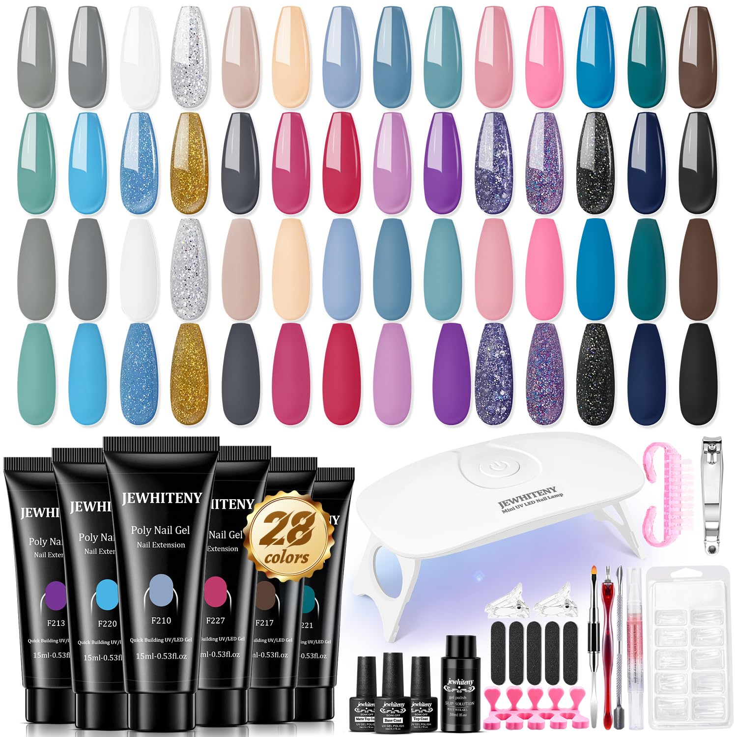 JEWHITENY Poly Gel Nail Kit 28 Colors Nude Gray Glitter with Nail Lamp Base Top Coats Builder Gel All-In-One Set Ideal for Designs DIY At Home Need U V Lamp Curing