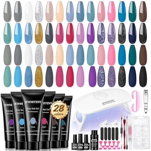 JEWHITENY Poly Gel Nail Kit 28 Colors Nude Gray Glitter with Nail Lamp Base Top Coats Builder Gel All-In-One Set Ideal for Designs DIY At Home Need U V Lamp Curing - F201-F228+MINI KIT