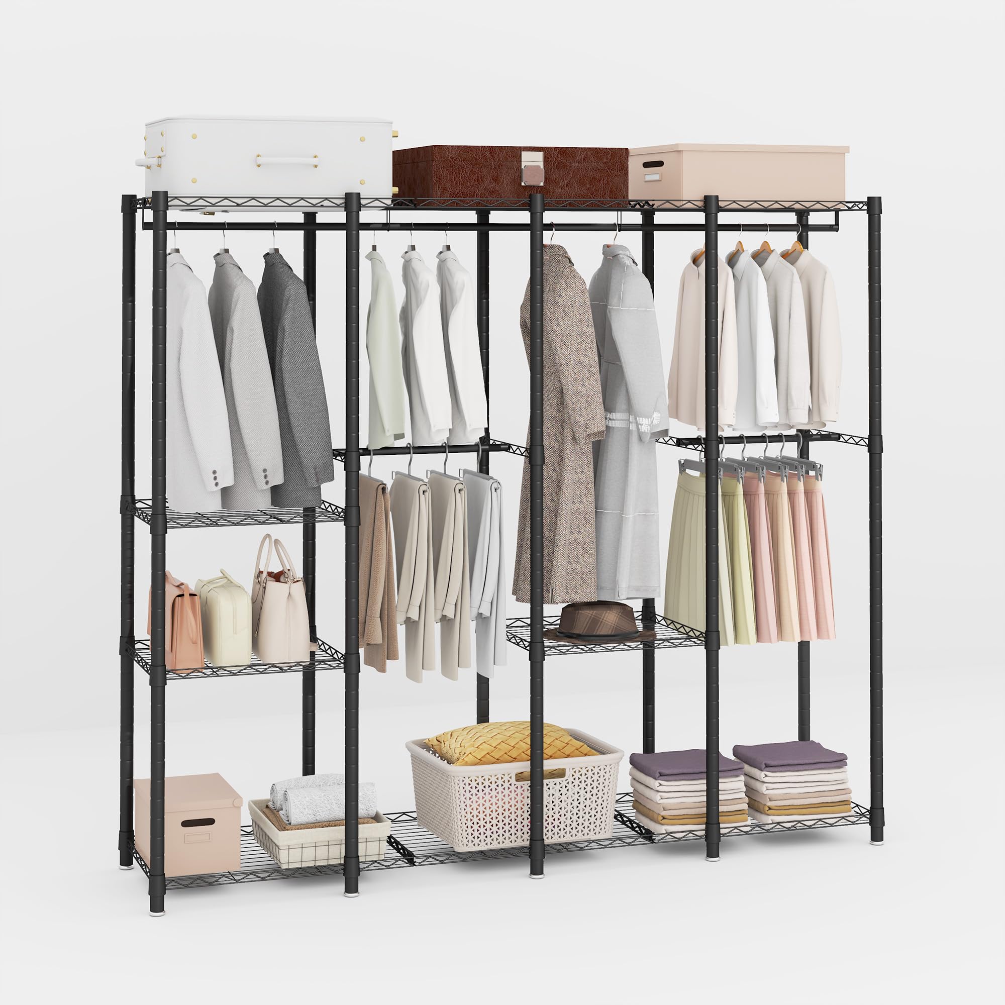 Enjinkail 194cm Tall Metal Open Wardrobe, Double Clothes Rack with Storage Shelves, Freestanding Garment Rack for Bedroom, Living Room (Black) (192cm)