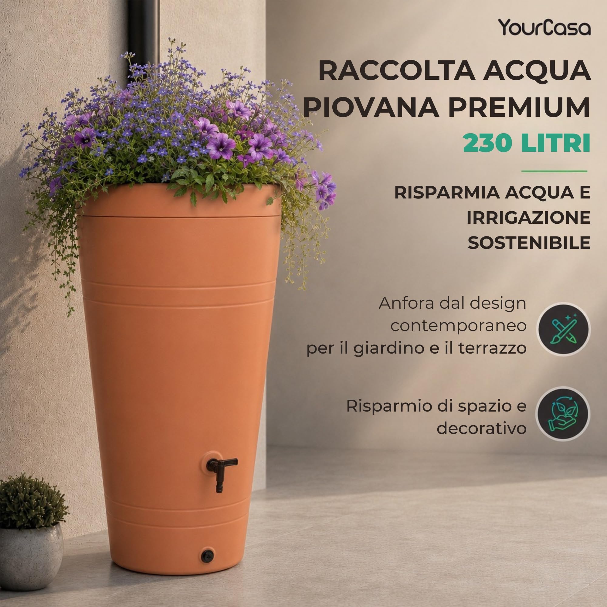 Yourcasa Serbatoio Acqua 230 litri [design Decore] in plastica resistente al gelo – Cisterna acqua con rubinetto e coperchio – Serbatoio acqua piovana giardino - raccolta acqua piovana (terracotta)