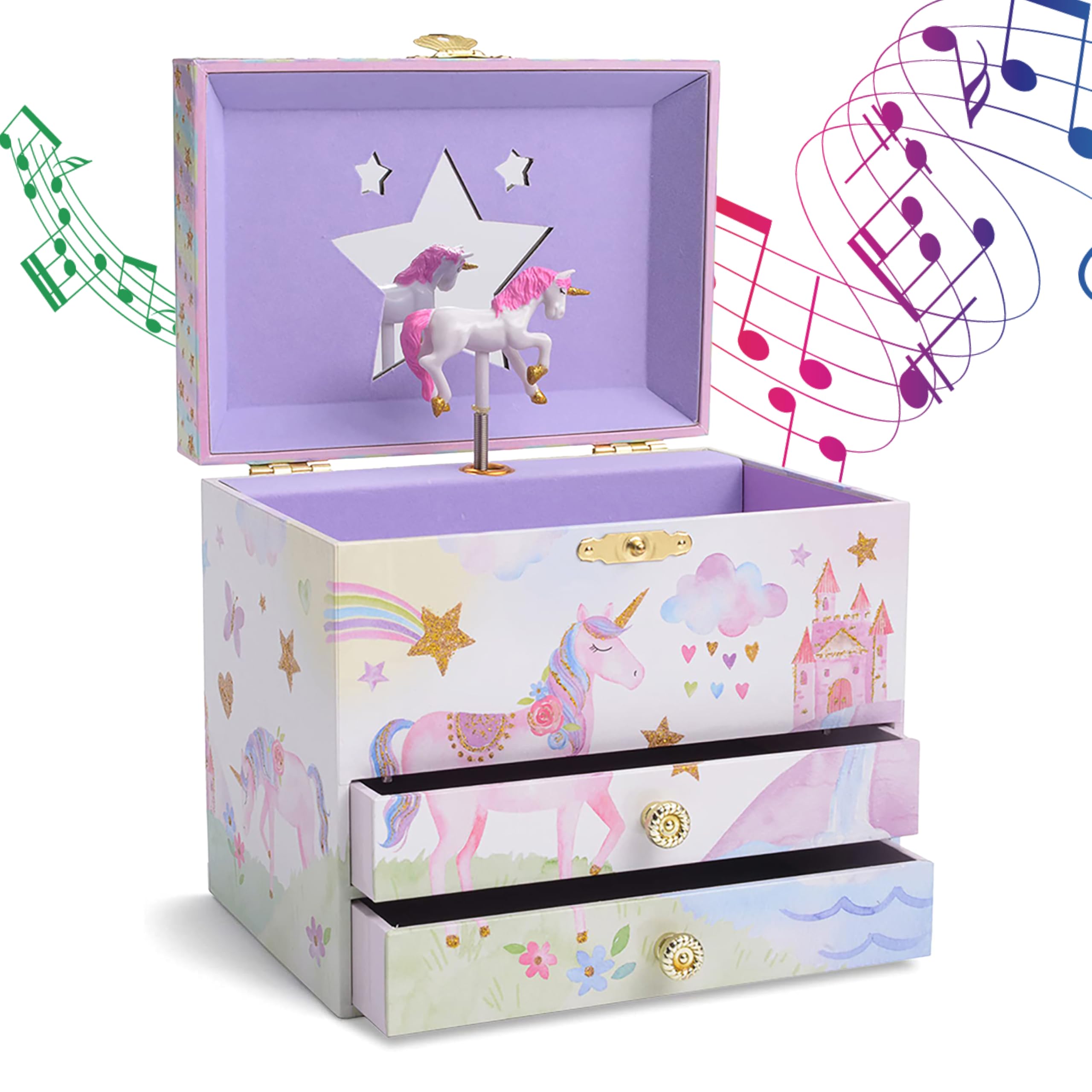 Jewelkeeper Carillon Portagioie Bambina - Porta Gioie con Unicorno, Specchio Stella, 2 Cassetti - Design con Paillettes, Dettagli Incantevoli per Conservare Gioielli e Ricordi