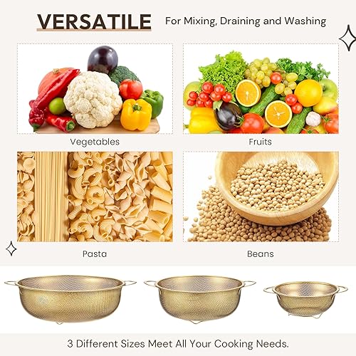 Miniatura 6 de Baderke Colador de metal dorado de acero inoxidable con asa, colador dorado para cocina, drenaje, pasta, enjuague, verduras, arroz, alimentos, 3
