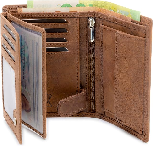 Fa.Volmer ® Skórzany portfel z prawdziwej skóry bawolej, duży portfel dla mężczyzn i kobiet, z certyfikatem TÜV, ochrona RFID, w kolorze brązowym i czarnym, żelazo