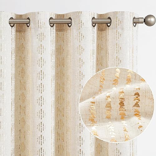 jinchan Cortinas bohemias de lino para sala de estar, cortinas con estampado de lámina dorada, 63 pulgadas de largo, 2 paneles de cortinas