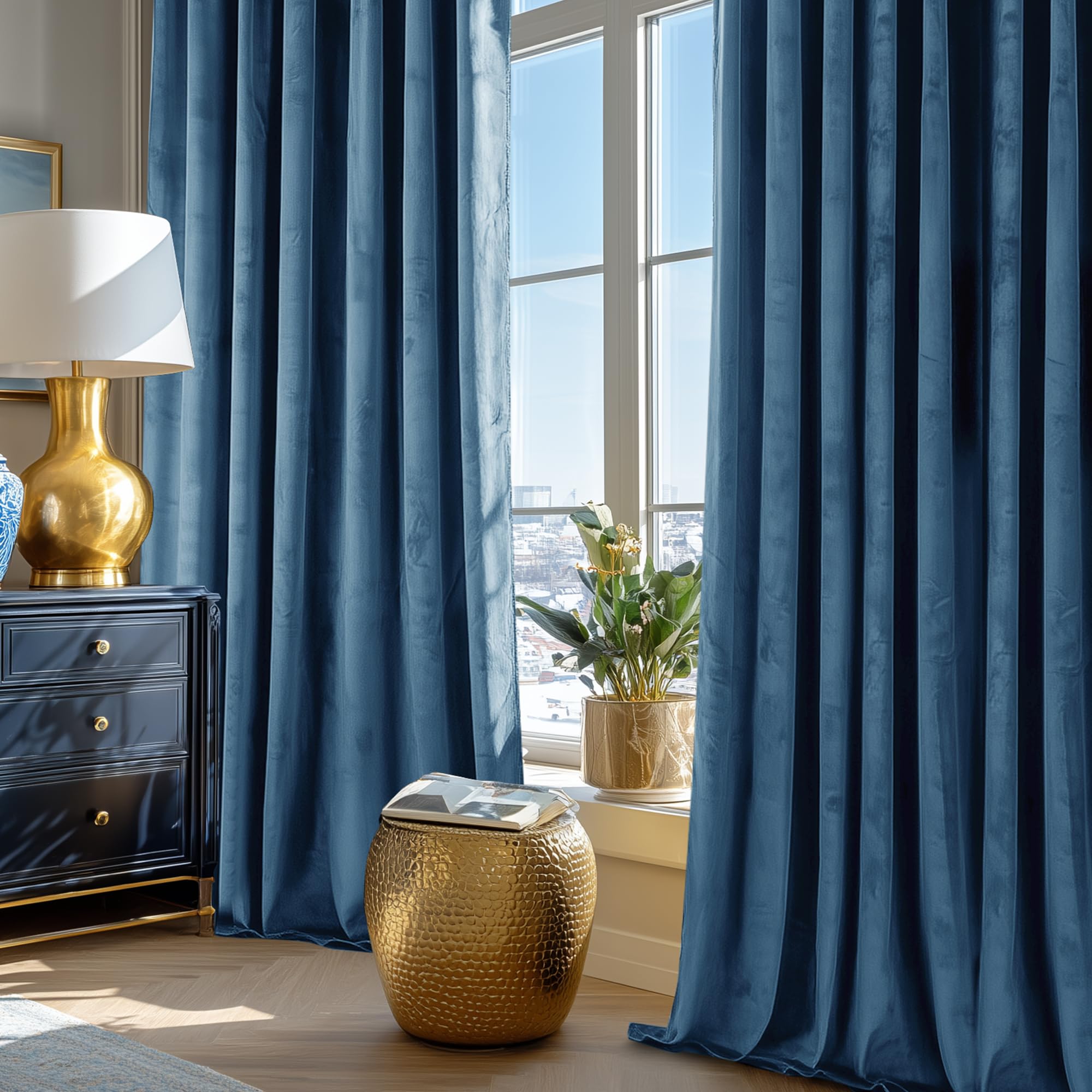 Deconovo Lot de 2Rideaux en Velours Occultants avec Bande Froncée Rideaux en Velours Thermiques pour Salon et Chambre,140L x 175H cm (2 Panneaux) Bleu Gris