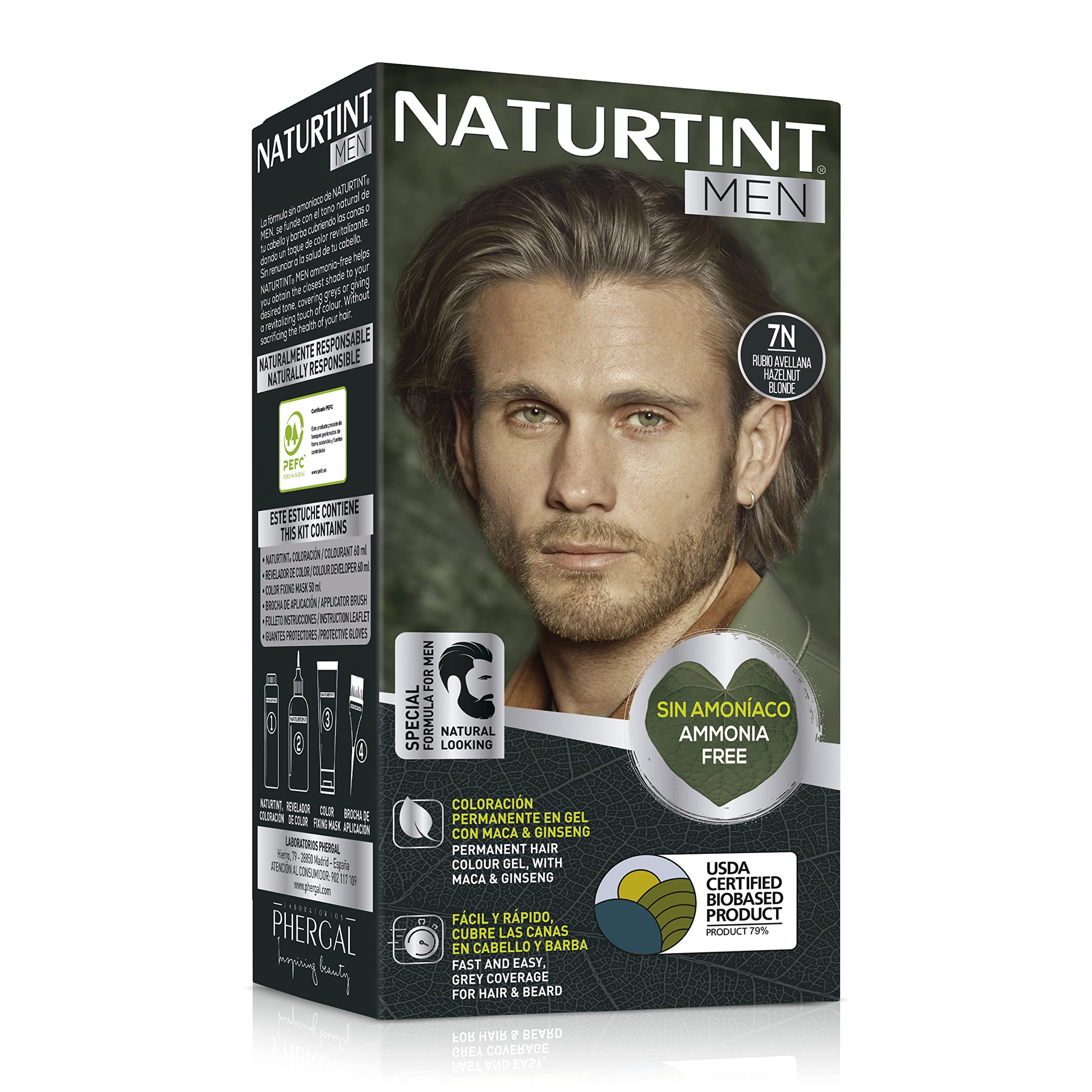 Naturtint Men | Coloración Permanente Sin Amoniaco | 100% Cobertura de Canas | Especial Hombres | Color natural y duradero | Ingredientes Naturales | 7N Rubio Avellana | 170 ml