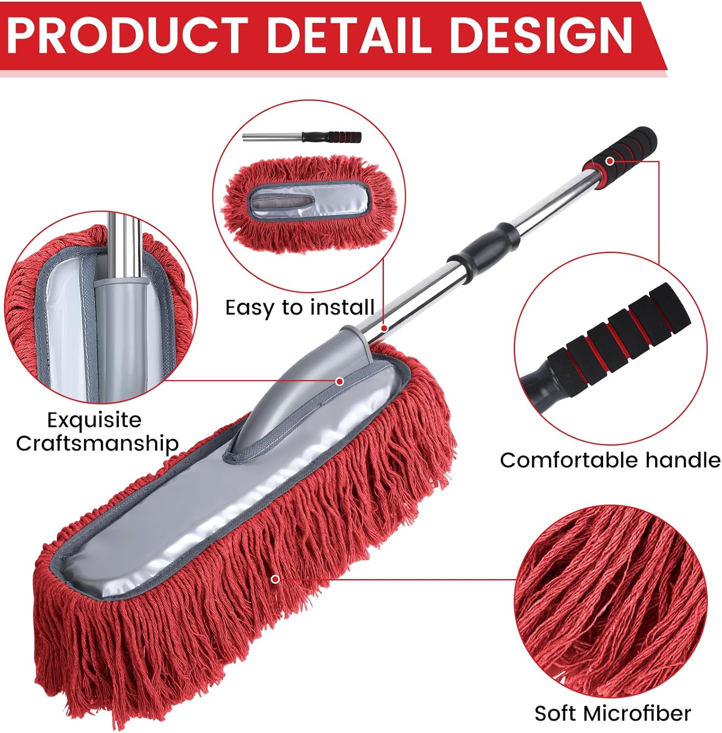 IPELY 2 Pack Large Car Duster Exterior Scratch Free with Extendable Handle and Car Duster Interior, Wax Cotton Hair Dusters (Red) - Image 7