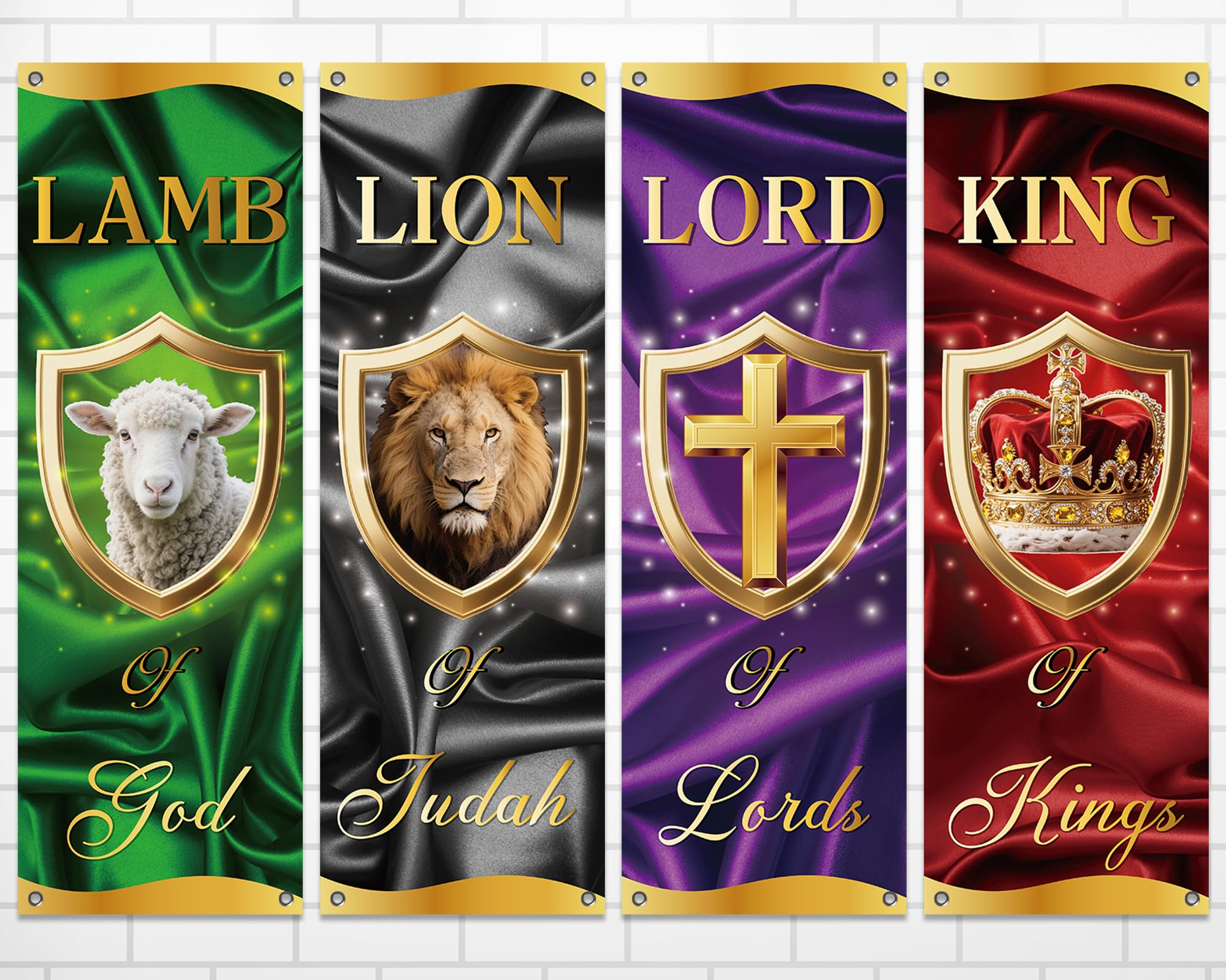 4Pcs Church Banners for Sanctuary Wall Welcome Religious Lion King Lord Lamb Banners Hanging Backdrop Silk Pattern Church Banner Scripture Bible Verses Exquisite Banner for Holiday Sunday School Decor