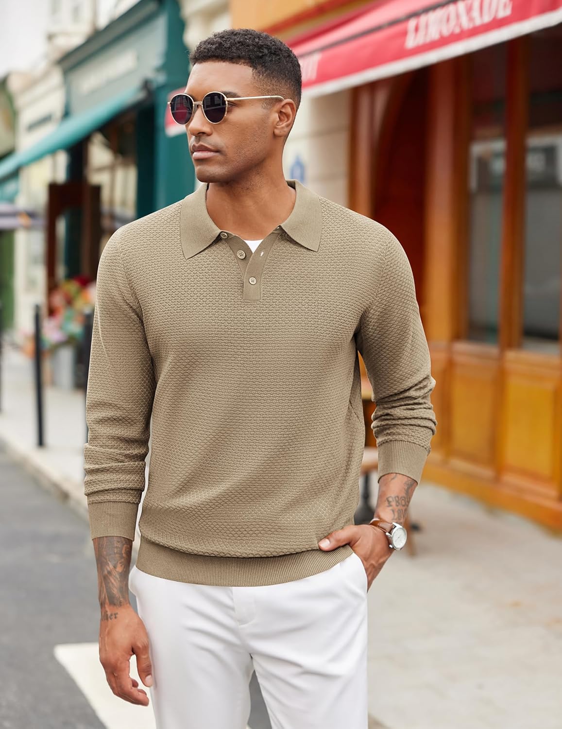 COOFANDY Men's Knit Polo Sweater Long Sleeve Casual Collared Quarter Button Golf Waffle Textured Sweater - Image 2