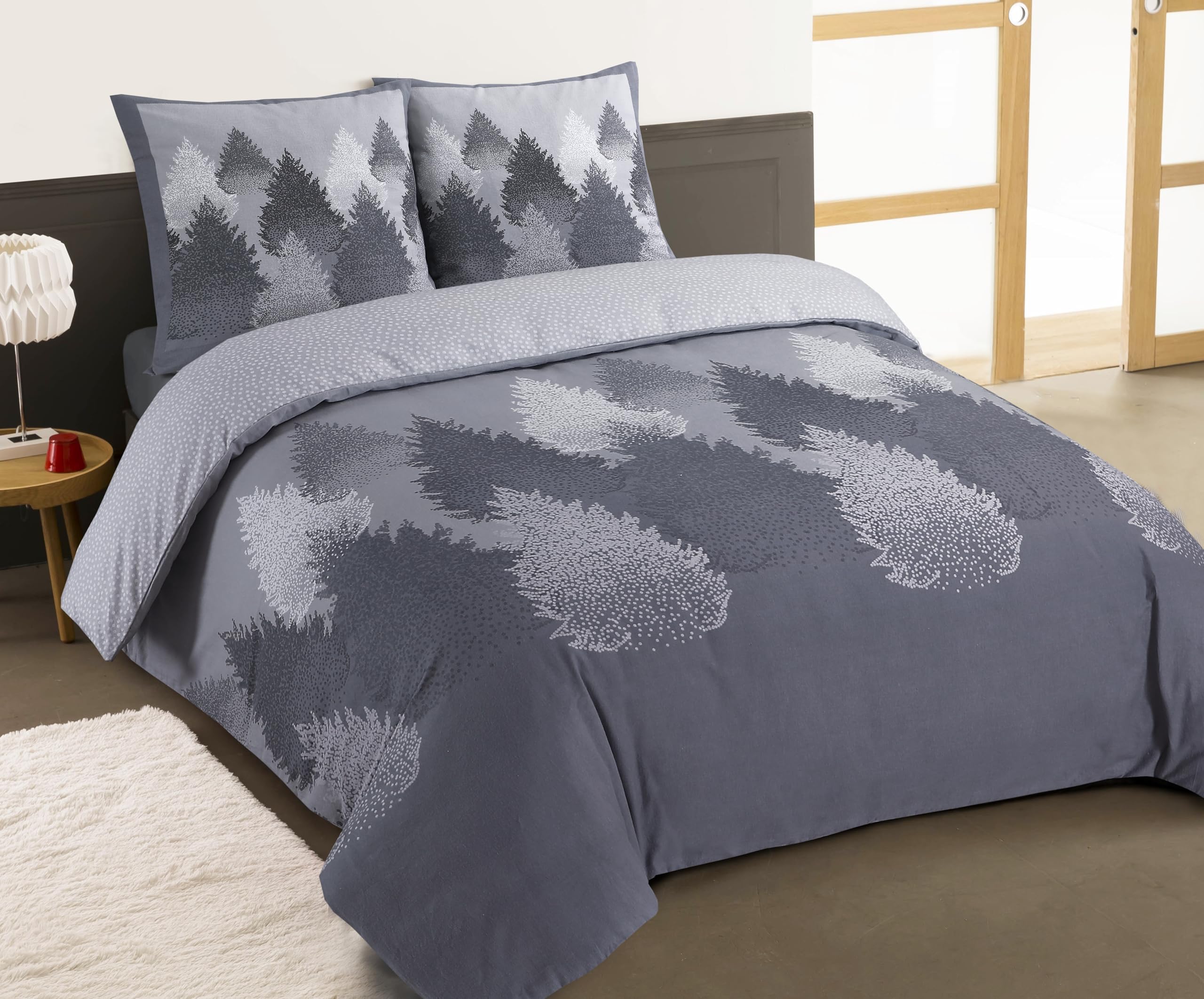 Vision - Parure de lit Flanelle - Forêt Gris - Housse de Couette 260 x 240cm avec 2 taies Assorties 65x65cm pour lit 2 Personnes Kingsize - Flanelle: Doux et Chaude - Fibres Naturelles - Oekotex