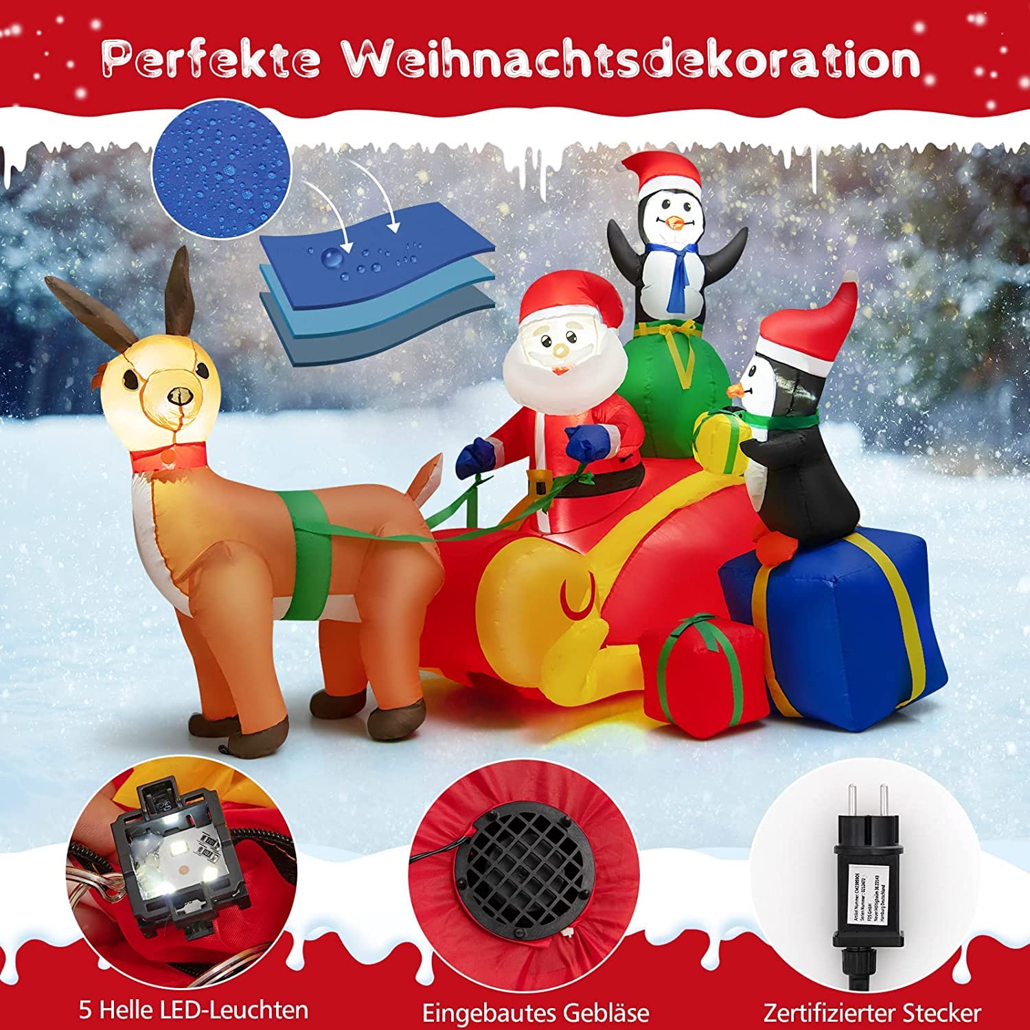 COSTWAY Aufblasbarer Weihnachtsmann mit Schlitten, LED Weihnachtsdekoration mit 2 Pinguinen, Geschenkboxen, Winterdekoration Weihnachtsbeleuchtung für Hof, Rasen, Garten, Party, Selbstaufblasend