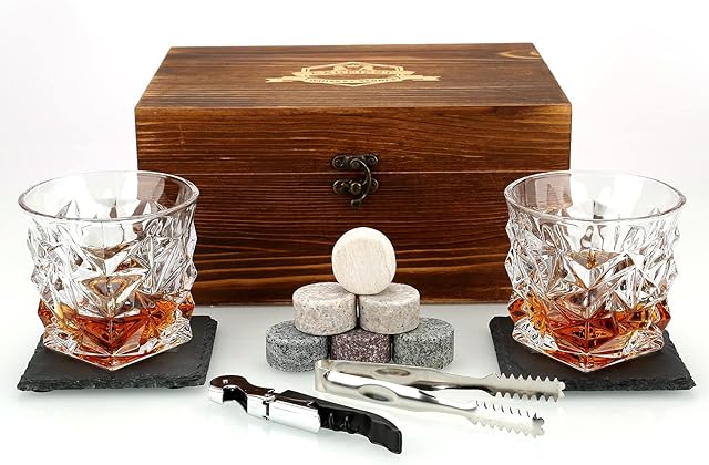 Large Whisky Stones and Glasses Gift Set,Whisky Rocks Chilling Stones in Handmade Wooden Box-Cool Drinks Without Dilution-Whisky Glasses Set of 2,Six Big stonesGift for Dad,Husband,Men